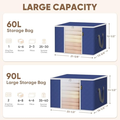 BALEINE 4 Pack Clothes Storage Bags, 16 Gallon Storage Containers with Reinforced Handle, Sturdy Zipper, Closet Organizer for Blanket, Comforter, Pillow, Bedding (Blue, 4 Pack) - Image 6
