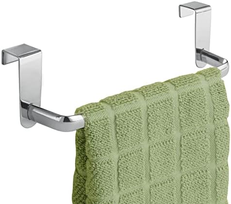 mDesign Steel Metal Wire Over Cabinet Towel Rack Storage Organizer - Hang on Cabinet or Door - Towel Bar Holder for Kitchen - Holds Hand Towels, Washcloths - Spira Collection - Chrome by mDesign