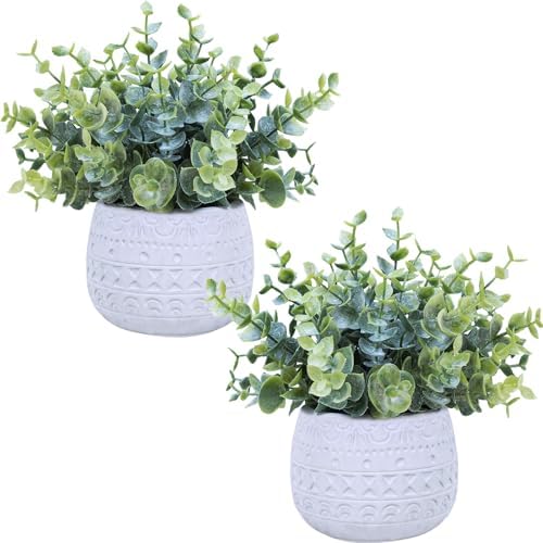 Winlyn Set of 2 Small Artificial Potted Plants Faux Eucalyptus Plant in White Geometric Ceramic Pots Small Desk Potted Plants 7.1" Tall for Home Office Room Decorations Wedding Greenery Centerpiece by Winlyn