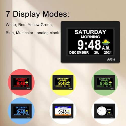 SSYA 7 Inch Calendar Clock - 12 Alarm Options, Level 5 Auto Dimmable Display,Extra Large Impaired Vision Digital Clock with Non-Abbreviated Day & Month (Black) - Image 4