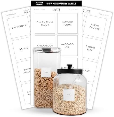 Pantry Labels for Food Containers, 156 Preprinted Kitchen Labels for Storage Bins and Glass Jars, Waterproof Removable Organizing Stickers for Food and Pantry Essentials by SAVVYSORTED%C2%AE