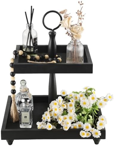Tiered Tray Stand, Rustic Wooden 2 Tier Decorative Tray with Bead Garland, Farmhouse Square Wood Serving Tray Counter Centerpiece for Coffee Bar Home Decor Holiday Holloween Housewarming Gifts (Black) by SYNCVIBE