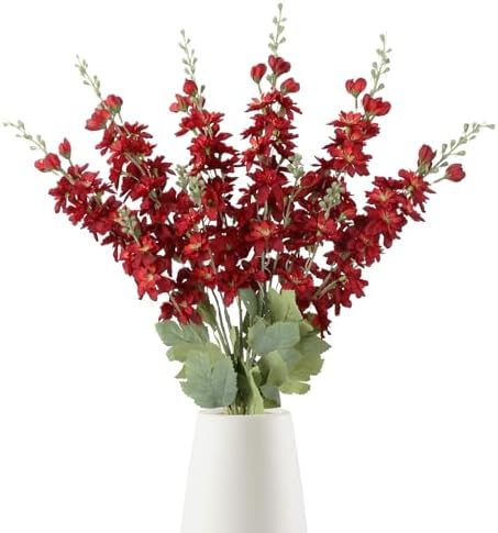 6PCS Red Delphinium Artificial Flowers 33" Larkspur Silk Flowers Long Stem Artificial Flowers for Tall Vase Wedding Centerpieces for Tables Home Decor Indoor (Red) by INSUNSIXartificialflowers