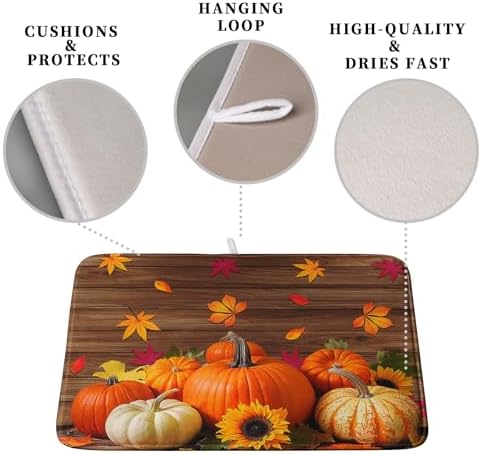 AutumnThanksgiving Pumpkin Dish Drying Mat for Kitchen Counter 16x18 Inch Fall Sunflowers Maple Leaves Harvest Kitchen Drying Mat Microfiber Super Absorbent Dish Rack Drainer Mat with Hanging Loop - Image 3