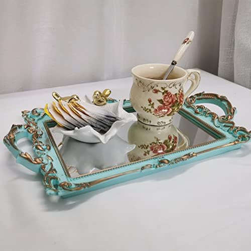 Small Rectangle Decorative Mirror Tray, French Style, Makeup Organizer, Jewelry Organizer, Serving Tray, 13"x 7.8", Golden Blue - Image 4