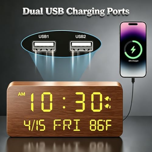 Wooden Digital Alarm Clock for Bedroom - Desk Clock with Date, Day of Week, Temperature, Dual Alarms, Dimmer, USB Port Charge, DST, Adjustable Volume for Living Room/Office Wood Decor (Brown) - Image 3