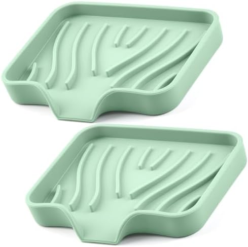 Silicone Soap Dish with Drain Spouts, Bar Soap Holder, Self-Draining Sink Organizer Kitchen Sponge Tray, Non-Slip Dispensers for Bathroom, Kitchen (Light Green, 2 Short) by DecorateYourHome