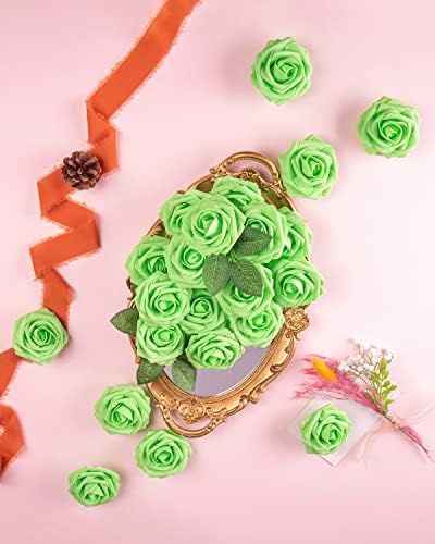 DuHouse 25Pcs Artificial Flowers Foam Roses with Stems(Light Green) - Image 3