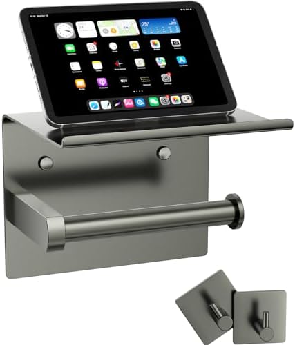 Tindbea Mega Size Toilet Paper Holder with Shelf + Towel Robe Hooks, Adhesive or Screw Wall Mounted Toilet Paper Roll Holder, Stainless Steel Bathroom Hardware Set (Polished Grey) by Tindbea