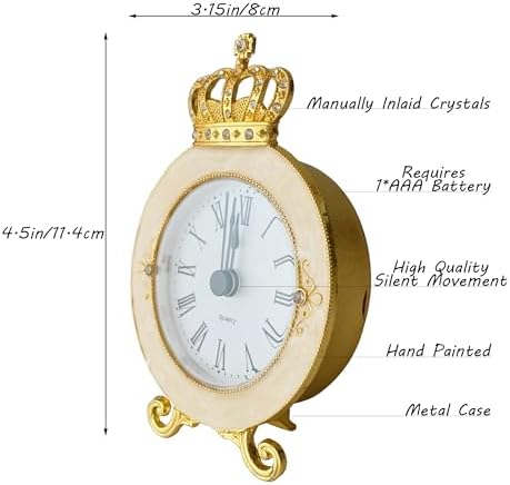 Vintage Mini Analog Table Clock, Silent Crown Table Clock with Hand-Painted Metal Body and Battery Operated Non-Ticking Core for Shelf, Living Room, Bedroom, Bedside, Desk - Image 2