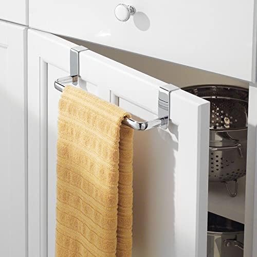 mDesign Steel Metal Wire Over Cabinet Towel Rack Storage Organizer - Hang on Cabinet or Door - Towel Bar Holder for Kitchen - Holds Hand Towels, Washcloths - Spira Collection - Chrome - Image 2