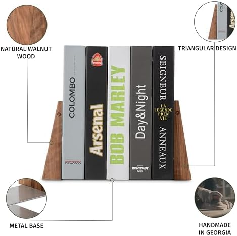 TILISMA Book Ends for Shelves - Handmade Wooden Bookends with Metal Base, Walnut Tree - Sturdy Book Holders for Heavy Books - Fancy Modern Decorative Book Accessories to Hold Books Firmly on Bookshelf - Image 4