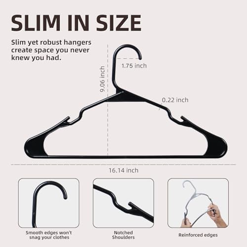 Plastic Hangers 20 Pack Black, Non-Slip Shoulder Grips Space Saving Clothes Hangers for Tank Tops and Camisoles, Closet Organizer - Image 2