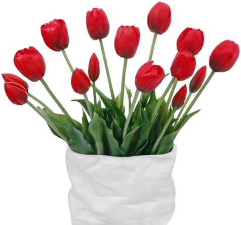 15 Pcs Red Artificial Tulips Fake Flowers, Premium Latex Lifelike Texture, UV Resistant Waterproof Faux Tulip Bouquets with Snap-on Petals for Outdoor, Home, Wedding Decor by LINSIEARTIFICIALFLOWERS