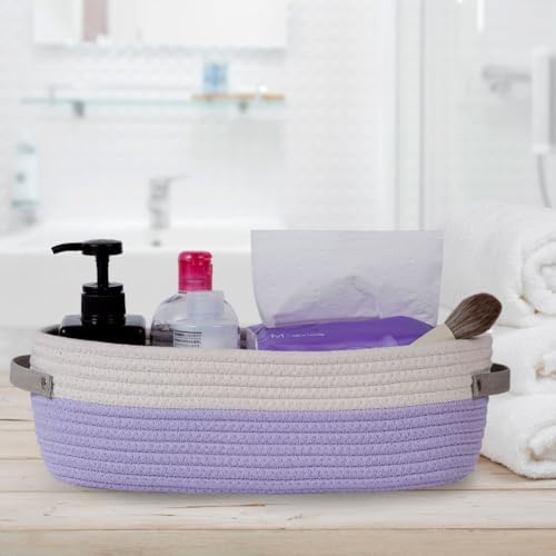 Cotton Rope Woven Basket Toilet Paper Baskets for Organizing Decorative Basket for Boho Decor Small Storage Basket Gift Baskets 13"x5.9"x4" Purple - Image 6