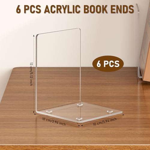 VFINE Acrylic Bookends 6 Pieces, Clear Book Ends for Shelves, Book Holders for Shelves, Transparent Book Dividers for Shelves, Stylish Book Stopper Organizer for Home Office Desktop Supplies - Image 2