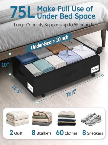 10-in 75L Low Profile Under Bed Storage with Wheels, 2 Pack,Black - Image 2
