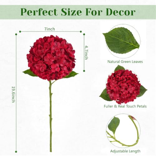 Yastouay 4 Pcs Real Touch Hydrangea Artificial Flowers, Deep Red - Image 6