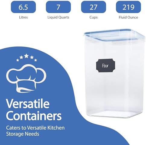 Chef's Path Extra Large Airtight Food Storage Containers with Blue Lid Color, Pack of 4, Kitchen and Pantry Canisters for Flour, Sugar, and Baking Supplies, Includes Measuring Spoons, Labels, and Pen - Image 2