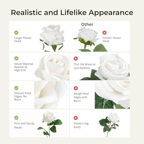Auihiay 60PCS White Roses Artificial Flowers, Fake Roses, Velvet Silk - Image 4