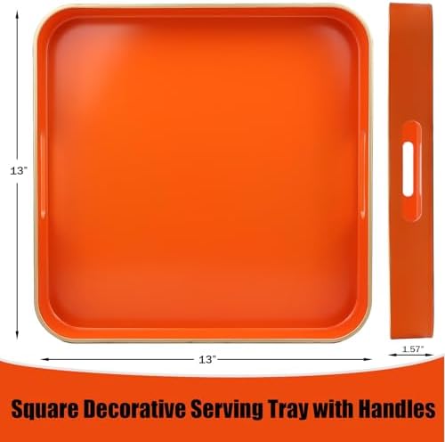 Orange Square Decorative Tray with Handles, 13"*13" Versatile Serving Tray for Coffee Table, Ottoman, Ideal for Serving, Displaying, Organizing - Image 3