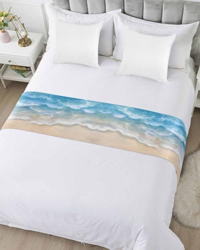 Natural Seaside Beach Scene Bed Runners for Bedroom Hotel,Decorative Bedding Scarf Ocean Wave Blue Water Ripple Bed End Blanket Bedding Runner Scarves for California King Size Beds,102x20in - Image 3