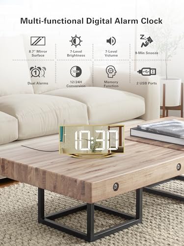 Digital Alarm Clock for Bedrooms, LED Desk Clock with Gold Mirror Finish - Image 2