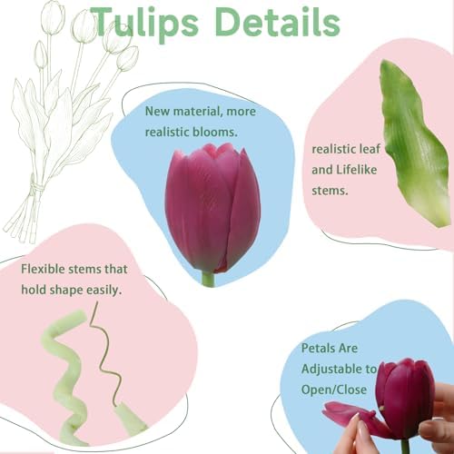 15 Pcs Deep Purple Artificial Tulips Fake Flowers, Premium Latex Lifelike Texture, UV Resistant Waterproof Faux Tulip Bouquets with Snap-on Petals for Outdoor, Home, Wedding Decor - Image 3
