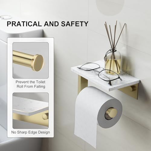 Brushed Gold Toilet Paper Holder with Marble Shelf Tissue Roll Holder - Image 4