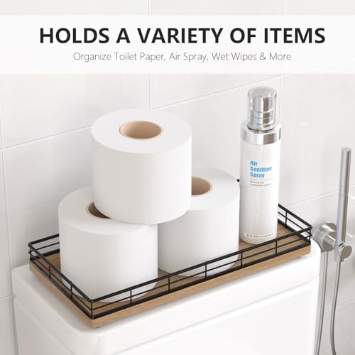 Toilet Paper Basket Organizer, Acacia Wood Toilet Tank Tray, Metal Frame - Image 2