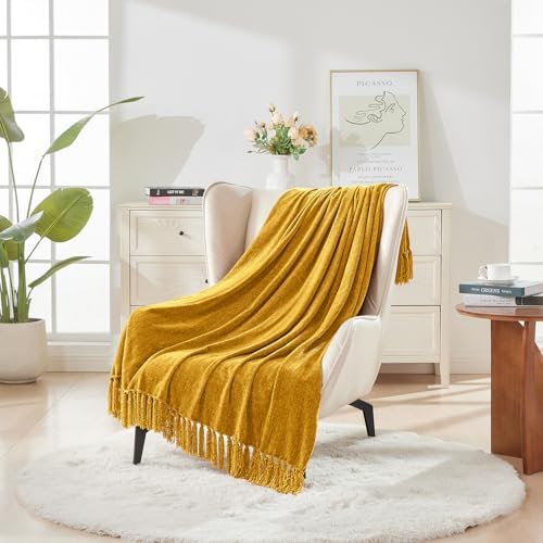 CozeCube Chenille Throw Blanket, Harvest Gold Fringe Blanket, 60"X80" - Image 2