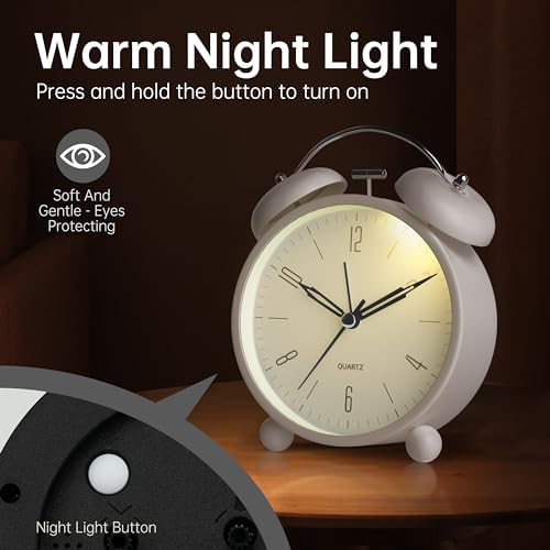 Twin Bell Loud Alarm Analog Alarm Clock, 4 inch Super Silent Non Ticking Small Clock with Night Light, Battery Operated, Simple Design, Old Fashioned, for Heavy Sleeper, Bedroom, Bedside, Desk, White - Image 4
