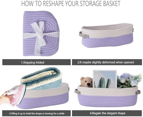 Cotton Rope Woven Basket Toilet Paper Baskets for Organizing Decorative Basket for Boho Decor Small Storage Basket Gift Baskets 13"x5.9"x4" Purple - Image 7
