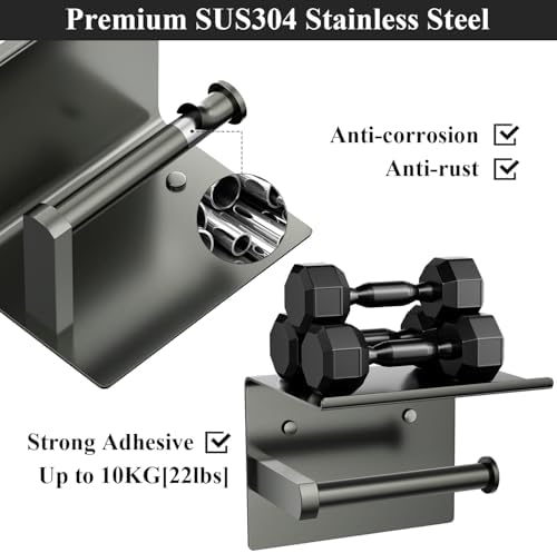 Tindbea Mega Size Toilet Paper Holder with Shelf + Towel Robe Hooks, Adhesive or Screw Wall Mounted Toilet Paper Roll Holder, Stainless Steel Bathroom Hardware Set (Polished Grey) - Image 4