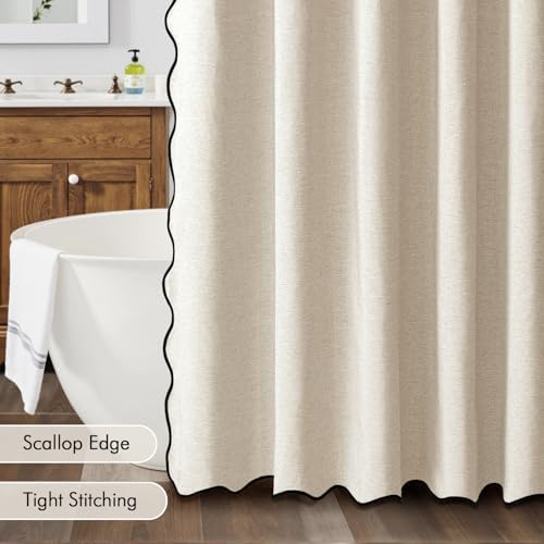 MIULEE Cream Beige Extra Long Scalloped Linen Shower Curtain 72x80 Inches - Image 5