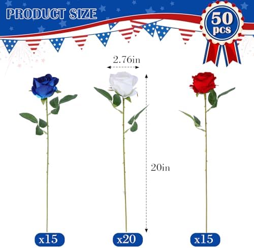 Hananona 50 Pcs Artificial Roses, Realistic Silk Flowers Bulk, RWB - Image 2