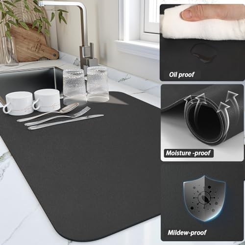 HotLive Dish Drying Mat for Kitchen Counter, Heat Resistant Drainer Mats with Non-slip Rubber Backed, Hide Stain Kitchen Super Absorbent Draining Mat, Easy to Clean Dish Rack Pad, Black 18"x24" - Image 3