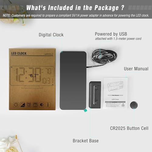 KOSUMOSU Digital Clock for Bedroom 6.7in Small Digital Alarm Clock Black, Dimming,12/24h,Date,Day of Week, Indoor Temperature,Desk Clocks for Classroom, LED Clocks for Living Room, Digital Calendar - Image 3