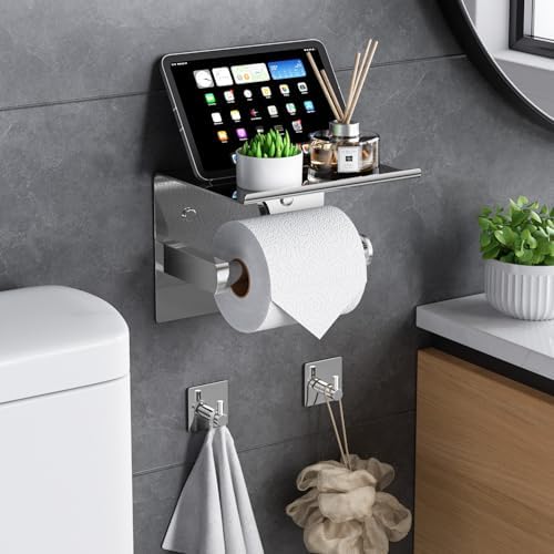 Tindbea Mega Size Toilet Paper Holder with Shelf + Towel Robe Hooks, Adhesive or Screw Wall Mounted Toilet Paper Roll Holder, Stainless Steel Bathroom Hardware Set (Polished Chrome) - Image 2
