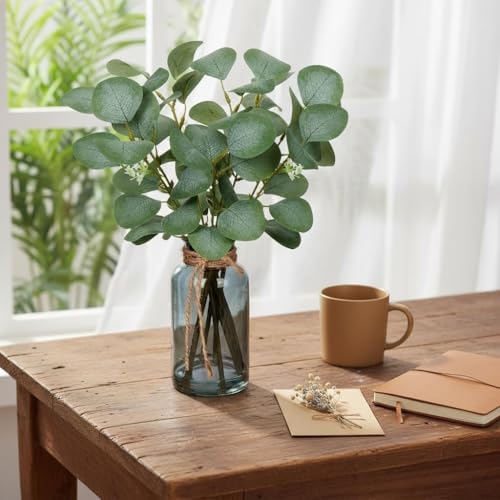Artificial Eucalyptus Stems Fake Plants in Glass Vase with Faux Water - Image 4