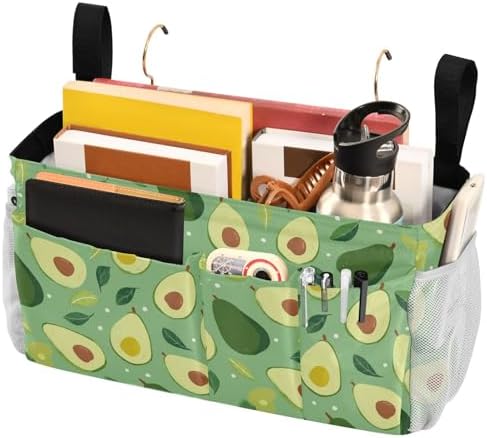Bedside Caddy Hanging Bunk Bed Caddy Bed Organizer Hanging Pocket with 2 Hooks Bedside Storage Organizer Pocket Bag Holder Green Avocado and Leaf - Image 3
