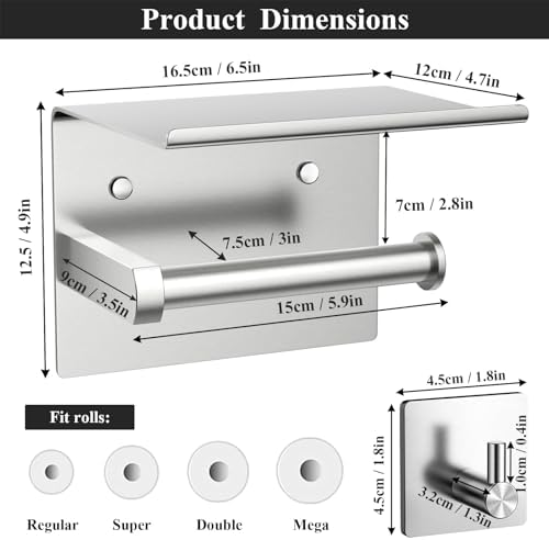 Tindbea Mega Size Toilet Paper Holder with Shelf + Towel Robe Hooks, Adhesive or Screw Wall Mounted Toilet Paper Roll Holder, Stainless Steel Bathroom Hardware Set (Brushed Nickel) - Image 3