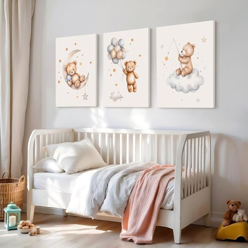 Teddy Bear Nursery Wall Art Decor Baby Boy Girl Room Poster Vintage Nursery Canvas Wall Decor Toddler Kids Room Pictures Cute Bear Neutral Artwork for Bedroom Playroom 12x16x3 Inch Wrapped Canvas - Image 6
