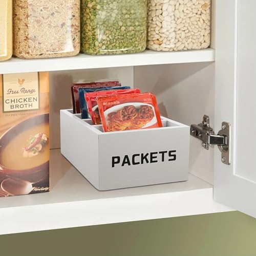 BSTKEY Seasoning Packet Organizer, Food Packet Storage Organizer with 4 Compartments, White Wooden Storage Caddy for Kitchen Pantry Cabinet, Farmhouse Kitchen Organization Bins for Snack Spice Packets - Image 6