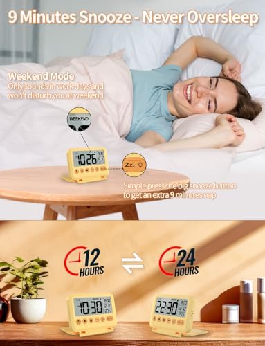 Digital Travel Alarm Clock - 3.54 inch LCD Display, 9-Minute Snooze, 2 Volume Levels, Backlight, Battery Included (Yellow) - Image 3