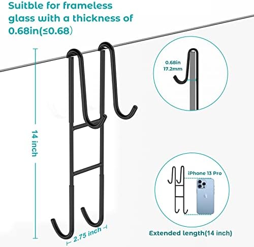 Cerbonny Shower Door Hooks (14 Inch), 2 Pack Super Extended Towel Hooks for Bathroom, Over Door Hooks, Shower Hooks for Frameless Glass Door, Black - Image 3