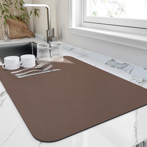 HotLive Dish Drying Mat for Kitchen Counter, Heat Resistant Drainer Mats with Non-slip Rubber Backed, Hide Stain Kitchen Super Absorbent Draining Mat, Easy to Clean Dish Rack Pad, Brown 16"x18" by HotLive