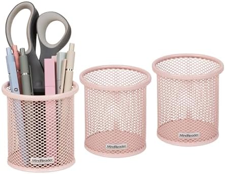 Mind Reader Pen and Accessories Holder, Desktop Organizer, Office, Metal Mesh, 3.5"L x 3.5"W x 3.75"H, Set of 3, Pink by MindReader