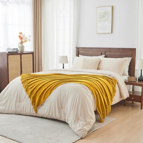 CozeCube Chenille Throw Blanket, Harvest Gold Fringe Blanket, 60"X80" - Image 5
