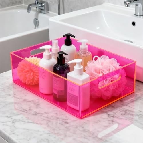 Acrylic Storage Bin Pantry Storage Container with Handles Kitchen Organizer Bin for Cabinet Cupboard Organization, Heavy Duty, 12.6 x 9.4 x 4'', Neon Pink - Image 6